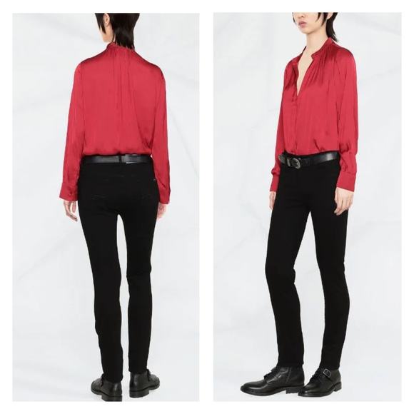 ZADIG AND VOLTAIRE Tink Satin Shirt Womens Medium Red Long Sleeve Split Neck Top - Picture 2 of 16